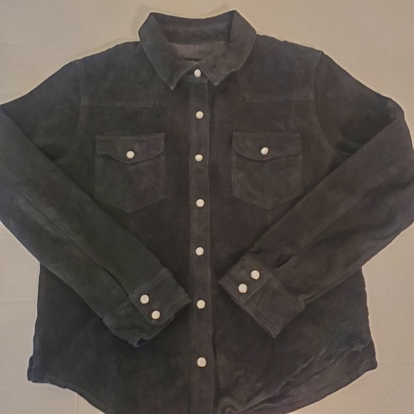 Brandon Thomas Womens Black Suede Leather Long Sleeve Button Front Shirt Jacket - Picture 6 of 10